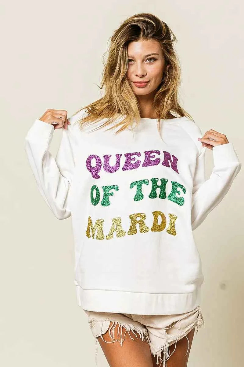BiBi Women’s Mardi Gras Glitter Print Sweatshirt Queen of Mardi Casual Top