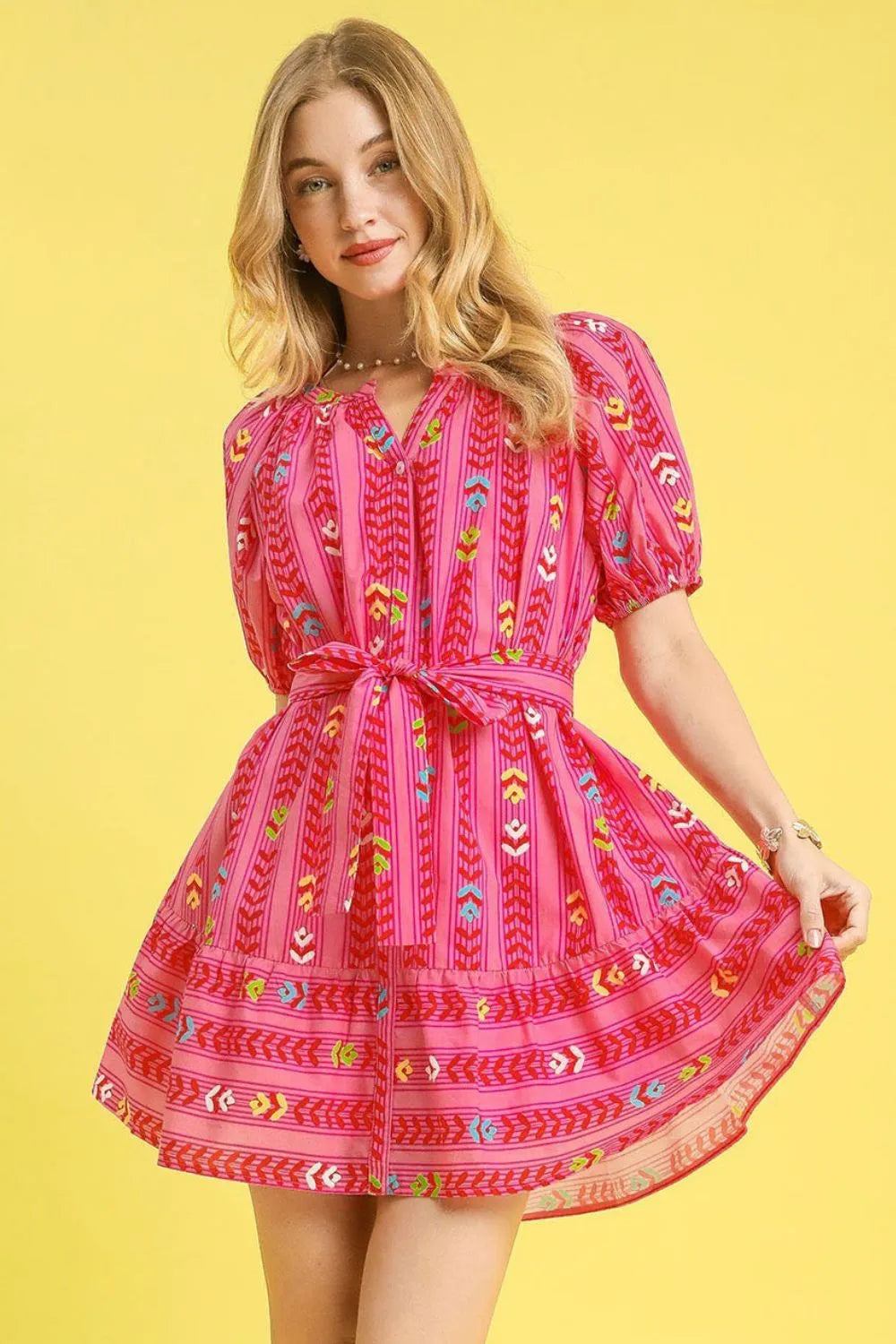 Umgee Mini Dress Hot Pink Ruffle Floral Printed Bow Tie Waist Puff Short Sleeve Hot Pink 5e2f4b50-f09e-40c4-b550-10fad826a9c8-Max-Origin Trendsi