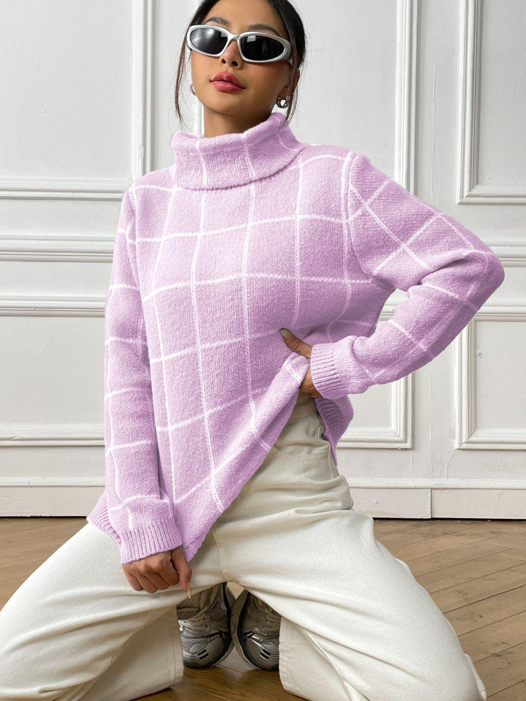 Plaid Sweater Turtleneck Knit Long Sleeve Knitwear Pink Purple 5e3b018e-6c73-430c-a2d0-0a2970eaa491-Max Trendsi