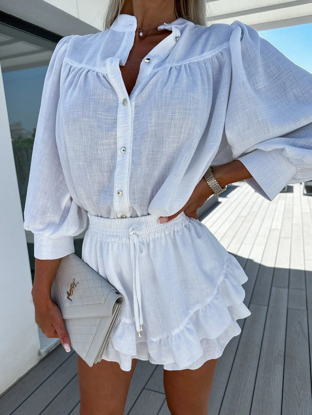 Women's Outfit Set Shirt Button Up Long Sleeve Top and Ruffled Skirt Lightweight White 5e427bcd-8f93-4670-85ee-c02443f4af5a-Max-Origin Trendsi