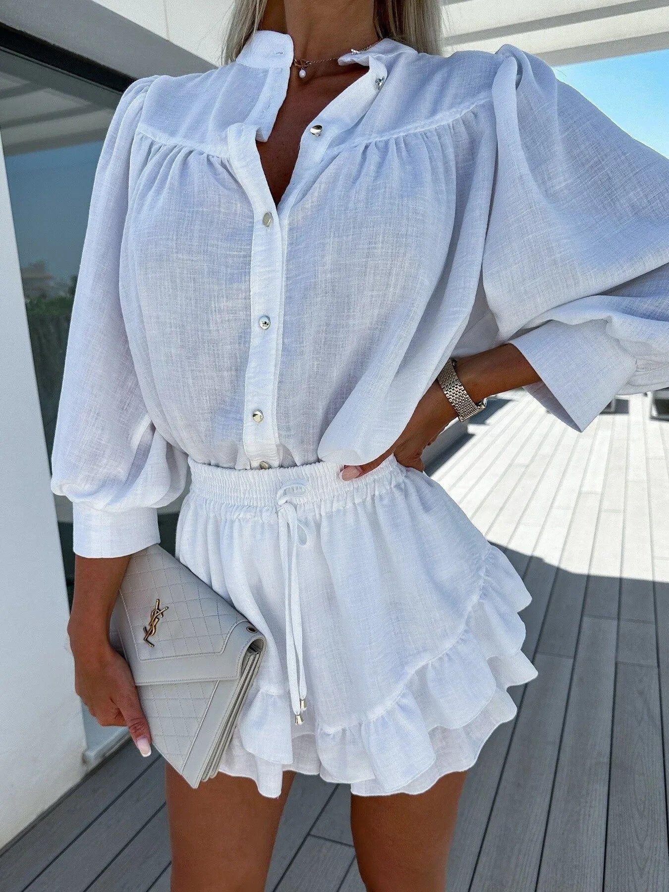 Women's Outfit Set Shirt Button Up Long Sleeve Top and Ruffled Skirt Lightweight White 5e427bcd-8f93-4670-85ee-c02443f4af5a-Max-Origin Trendsi