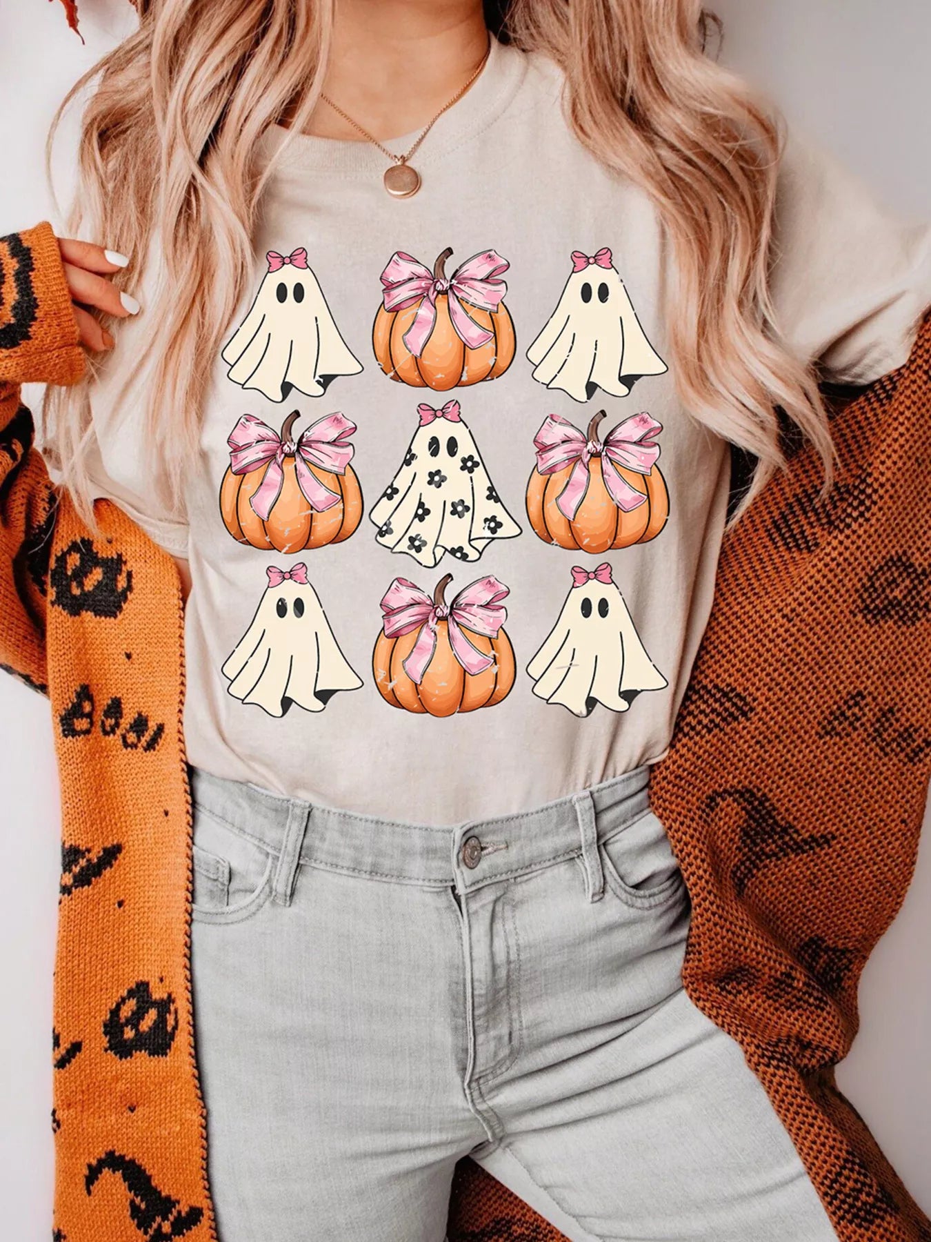 Halloween Women's T Shirt Bowknot Ghost Pumpkin Graphic Top Tee Tan 5e4a8407347945848c590392ad7b7d61-Max-Origin Trendsi