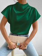 Satin Blouse Mock Neck Pleated Short Sleeve Basic Style Top 5e511042-94b7-4163-bbe6-2ef47f82529b-Max-Origin Trendsi
