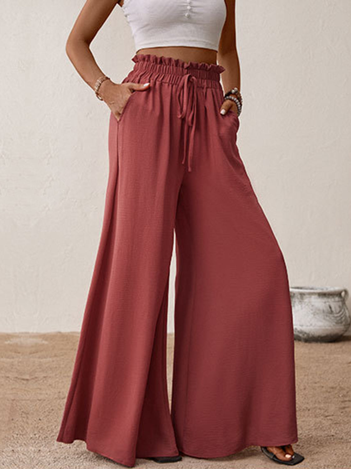 Perfee Wide Leg Pants Frill Tied Waist Women Rust Trousers with Pockets 5e549d0f-d6e1-46ed-a206-6ae0d4bfae9e-Max Trendsi