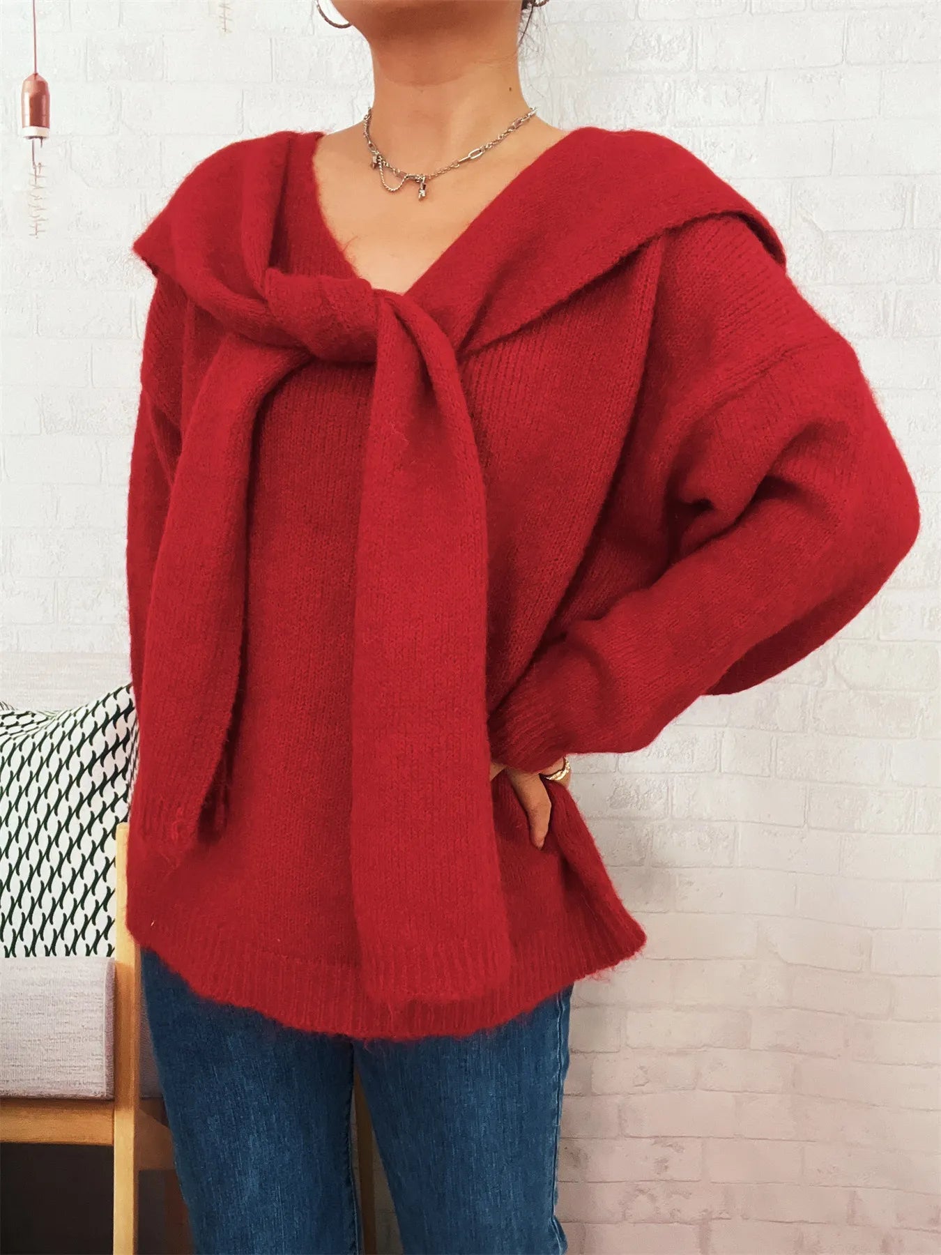 Women's Sweater with Shawl Knit Ribbed Ribbed Hem V-Neck Long Sleeve Red One Size 5e6ff898cd384bcfba321b8265e8613f-Max-Origin Trendsi