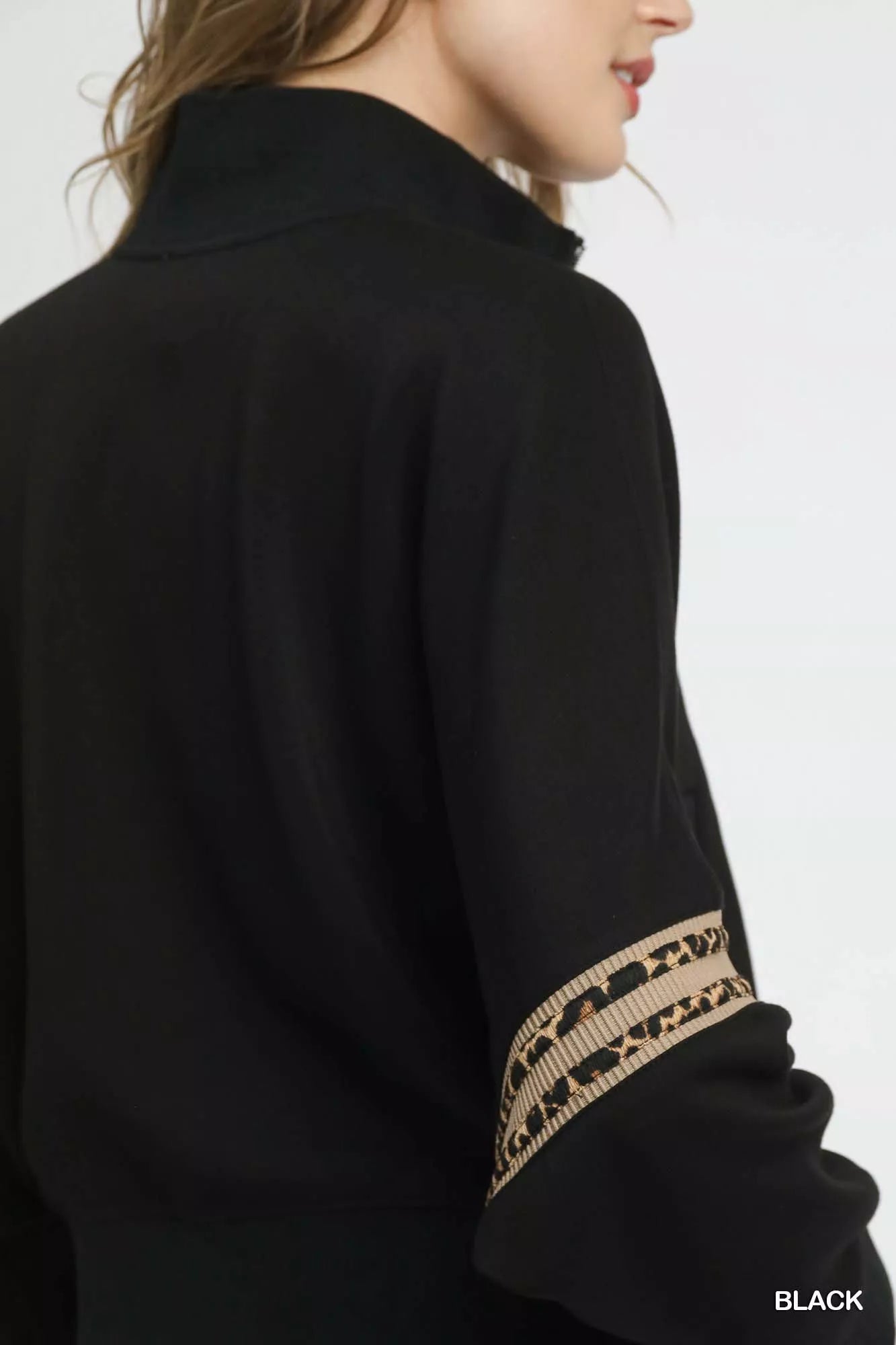 Umgee Womens Cropped Jacket Zipper Up Black with Leopard Trim 5e70ff9c-cc15-46ee-b90f-7f97eeffd289-Max-Origin Trendsi