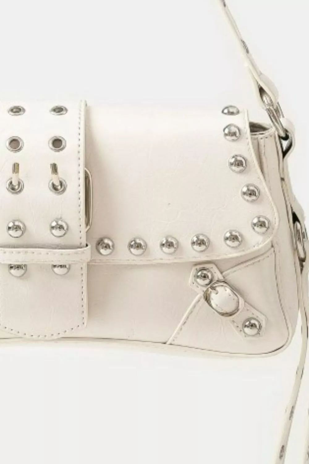 Fame Accessories Womens Shoulder Bag Ivory Glossy Faux Leather Rivet Trim 5e79bcf2-2dff-40c0-8bc2-234661b80085-Max-Origin Trendsi