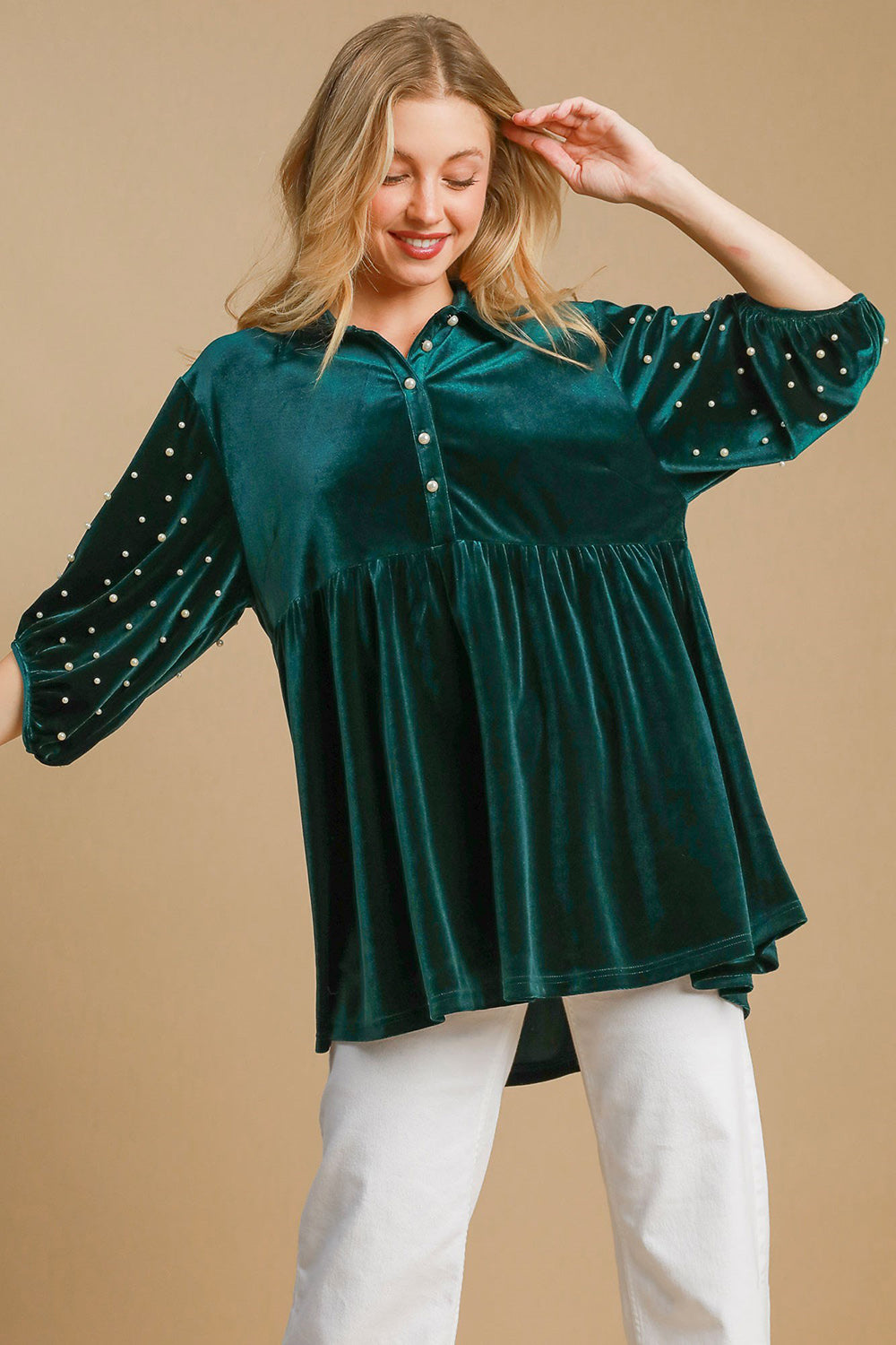 Umgee USA Pearl Babydoll Blouse Green Women Half Sleeve Velvet Ruffle Top