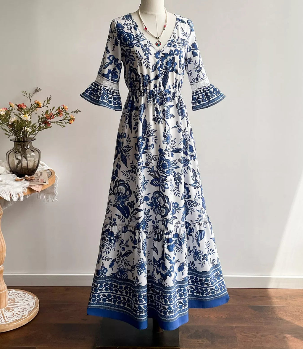 Floral Print V-Neck Flounce Sleeve Dress
