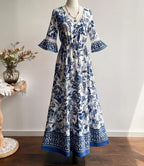 Floral Print V-Neck Flounce Sleeve Dress