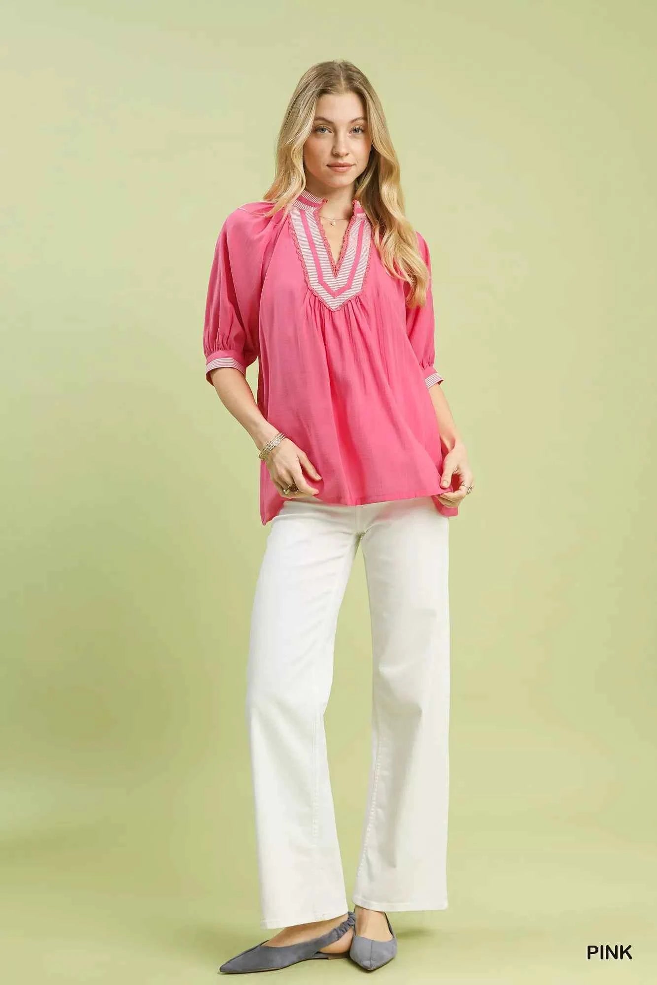 Umgee Pink Blouse Solid Contrast Lace Trim Pleated Short Sleeve Top 5e84ccfa-e7ec-4144-a0fd-d19970704476-Max-Origin Trendsi
