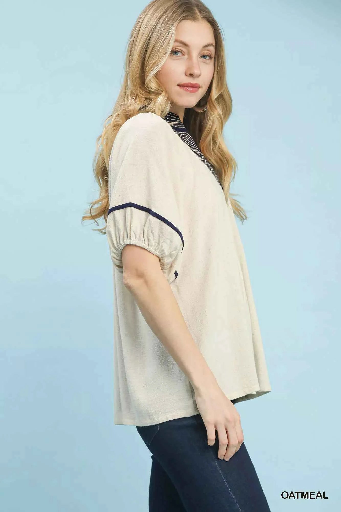 Umgee Linen Blouse Beige Puff Short Sleeve Contrast Trim Top 5e8550ad-630a-415b-b4e7-186ef7f48222-Max-Origin Trendsi