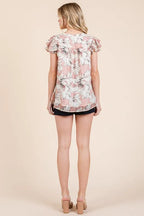 Lime 'N' Chili Blouse Pink Floral Print Lace Trim Puff Short Sleeve 5e89ae4cda5440d49dd7110dde581dbf-Max-Origin Trendsi