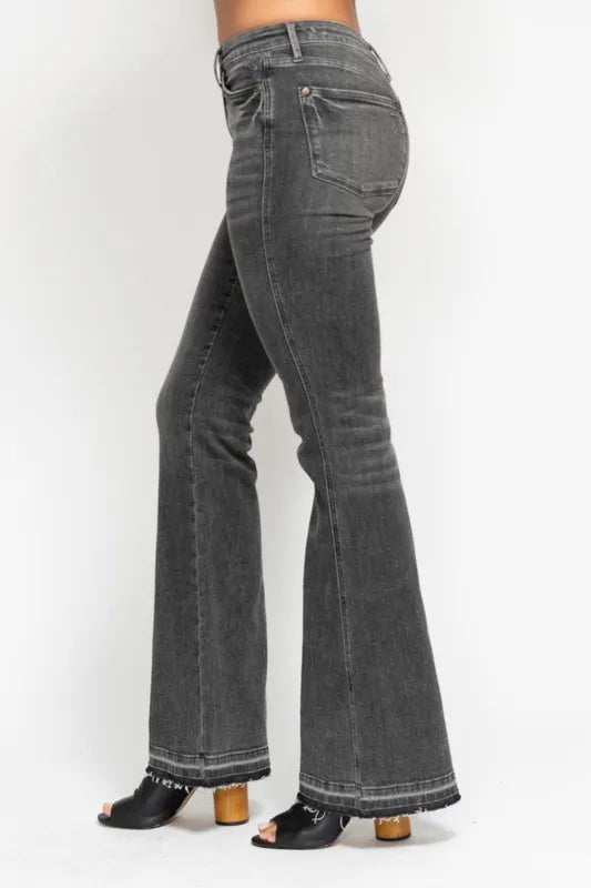 Judy Blue Gray Jeans Mid Rise Washed Release Hem Flare Tummy Control 5e8a185706734331ab1b9387bd304519-Max-Origin Trendsi