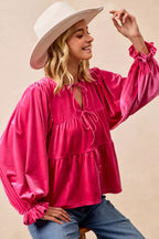 BiBi Womens Blouse Christmas Theme Velvet Bow Tied Ruffled Top 5e9321ba9cf24d149b02ff3b8e5fdd7c-Max-Origin Trendsi