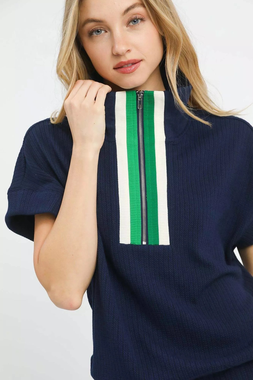 Umgee Knit Top Womens Navy Textured Striped Zip Collar T-shirt 5e9387be-550b-47c0-a941-a059088ceaae-Max-Origin Trendsi