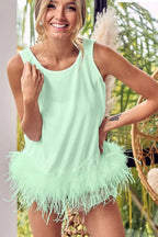 BiBi Top Mint Faux Feather Bottom French Terry Sleeveless Back Tied Blouse MINT 5e9d47e4-5c4d-4bf5-a82b-673e5d0d8038-Max-Origin Trendsi