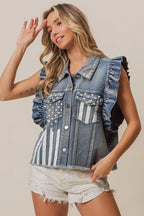 BiBi Denim Jacket American Flag Pockets Washed Ruffled Sleeves DENIM 5eacf1a9-2b7d-448d-a38b-96c016353ff5-Max Trendsi