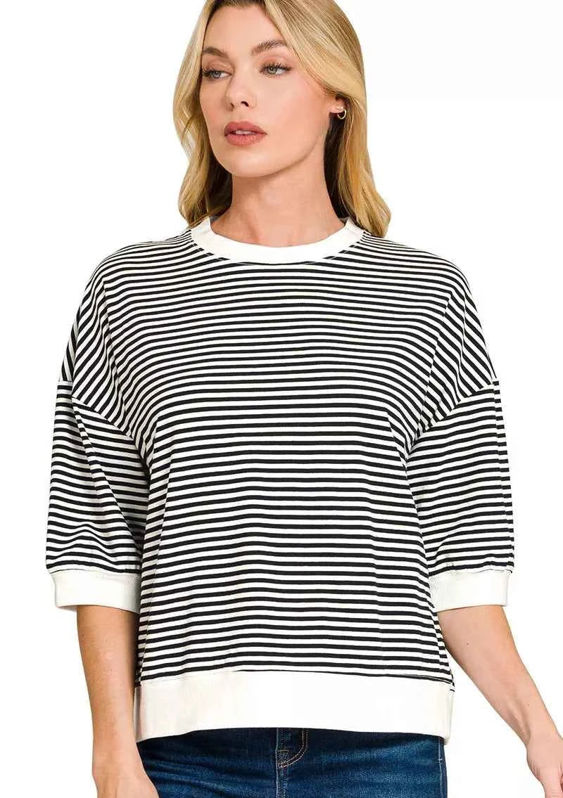 Zenana T-shirt Black Striped Contrast Trim Banded Bottom Top BLACK 5eb571981171445ca4cb08897d130038-Max-Origin Trendsi