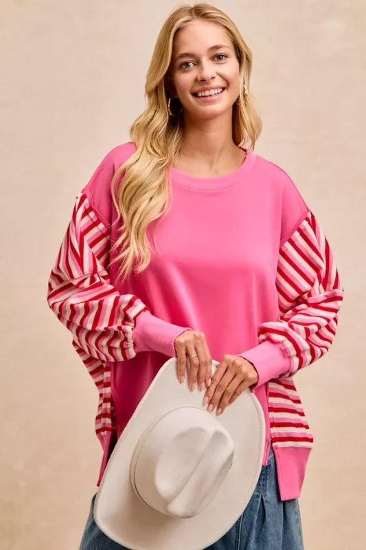 BiBi Women Sweatshirt Pink French Terry Red Stripe Combo with Open Seam Top 5eb87a5a29f74323be84de928f7c10d5-Max-Origin Trendsi