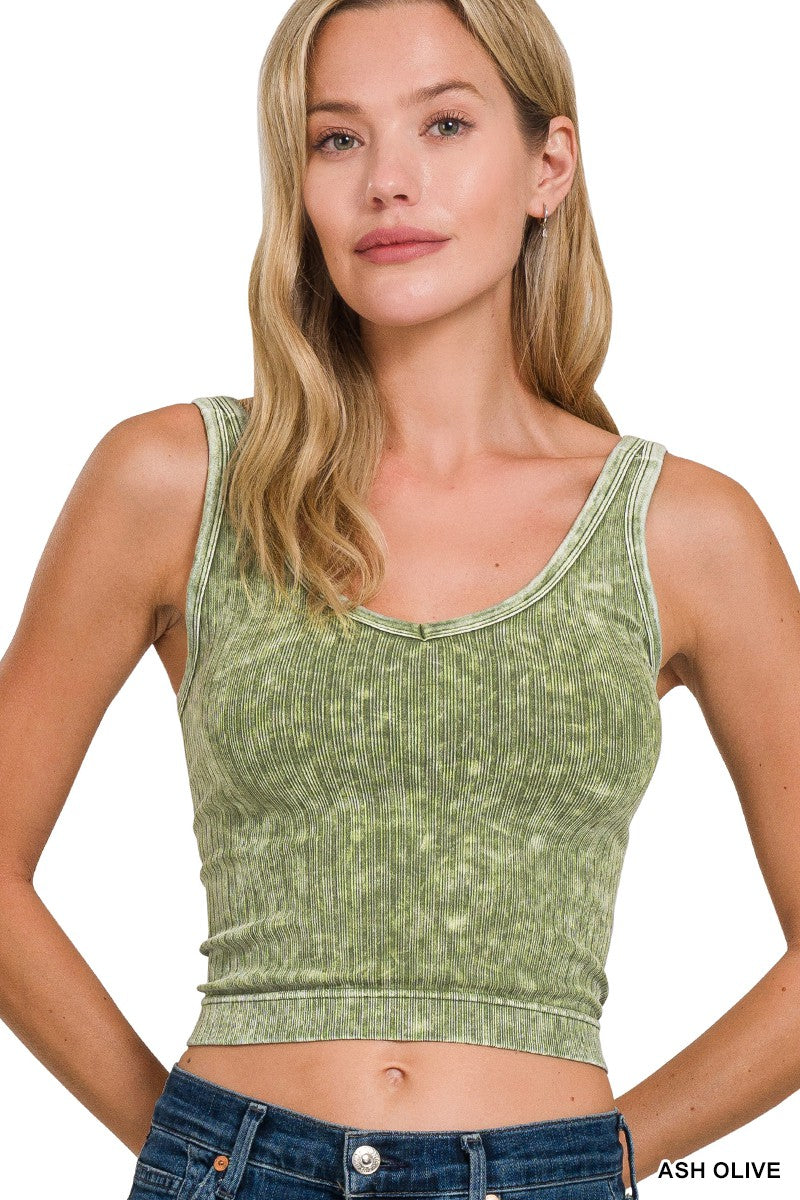 Zenana Washed Ribbed Seamless Cropped V-Neck Tank Top