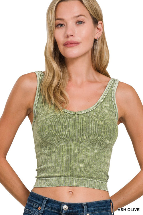 Zenana Washed Ribbed Seamless Cropped V-Neck Tank Top