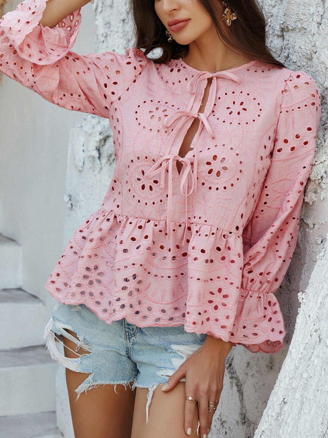 Crochet Blouse Ruffle Tie Front Flounce Long Sleeve Peplum Cut Out Embroidered Dusty Pink 5ebe841b-f301-4a1c-816d-0ee3314dee58-Max Trendsi