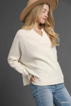 Umgee Womens Sweater Cream V-Neck with Wide Trim Detail Pullover 5ec69723-5ab8-490d-b750-6c88513fda9b-Max-Origin Trendsi