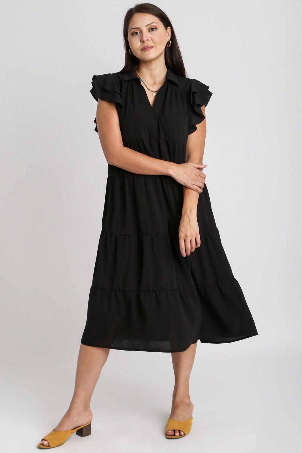 Umgee Midi Dress Black Ruffle Johnny Collar Short Cap Sleeve Tiered 5ec95d0f-4c53-428c-acfe-9c7074333fd0-Max Trendsi