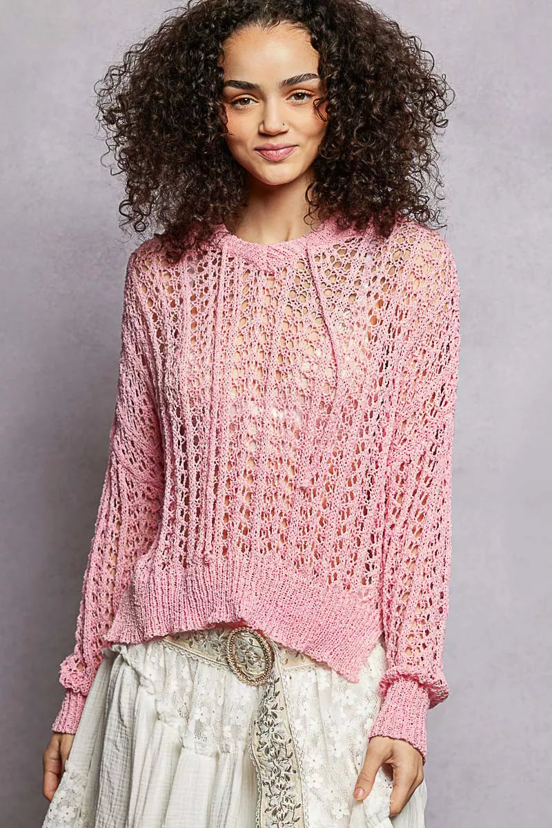 POL Knit Top Openwork Light Pink Round Neck High Low Long Sleeve