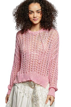 POL Knit Top Openwork Light Pink Round Neck High Low Long Sleeve