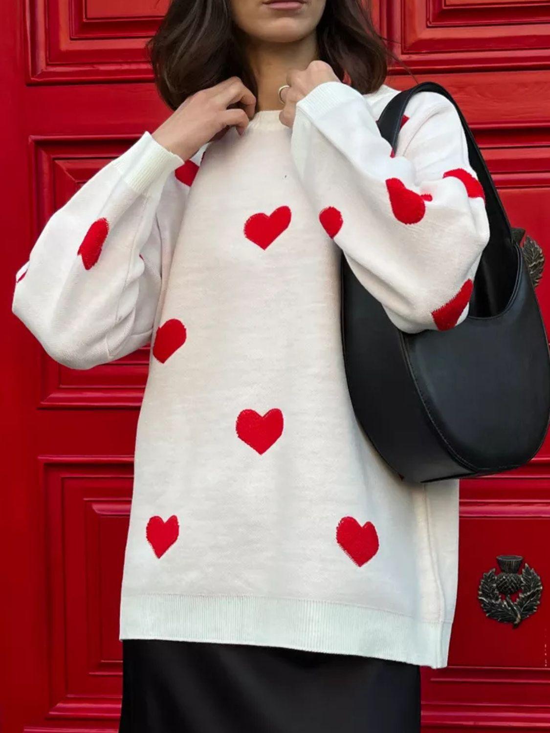 Heart Sweater Round Neck Dropped Shoulder Long Sleeve Knitwear 5ed6923f-cd73-464b-956f-ebeea4c6473c-Max Trendsi