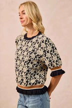 BiBi Women Knit Top Textured Rose Black Gray Contrast Banded Puff Sleeve 5ee74929-509e-4d98-8797-c83575564b4e-Max-Origin Trendsi