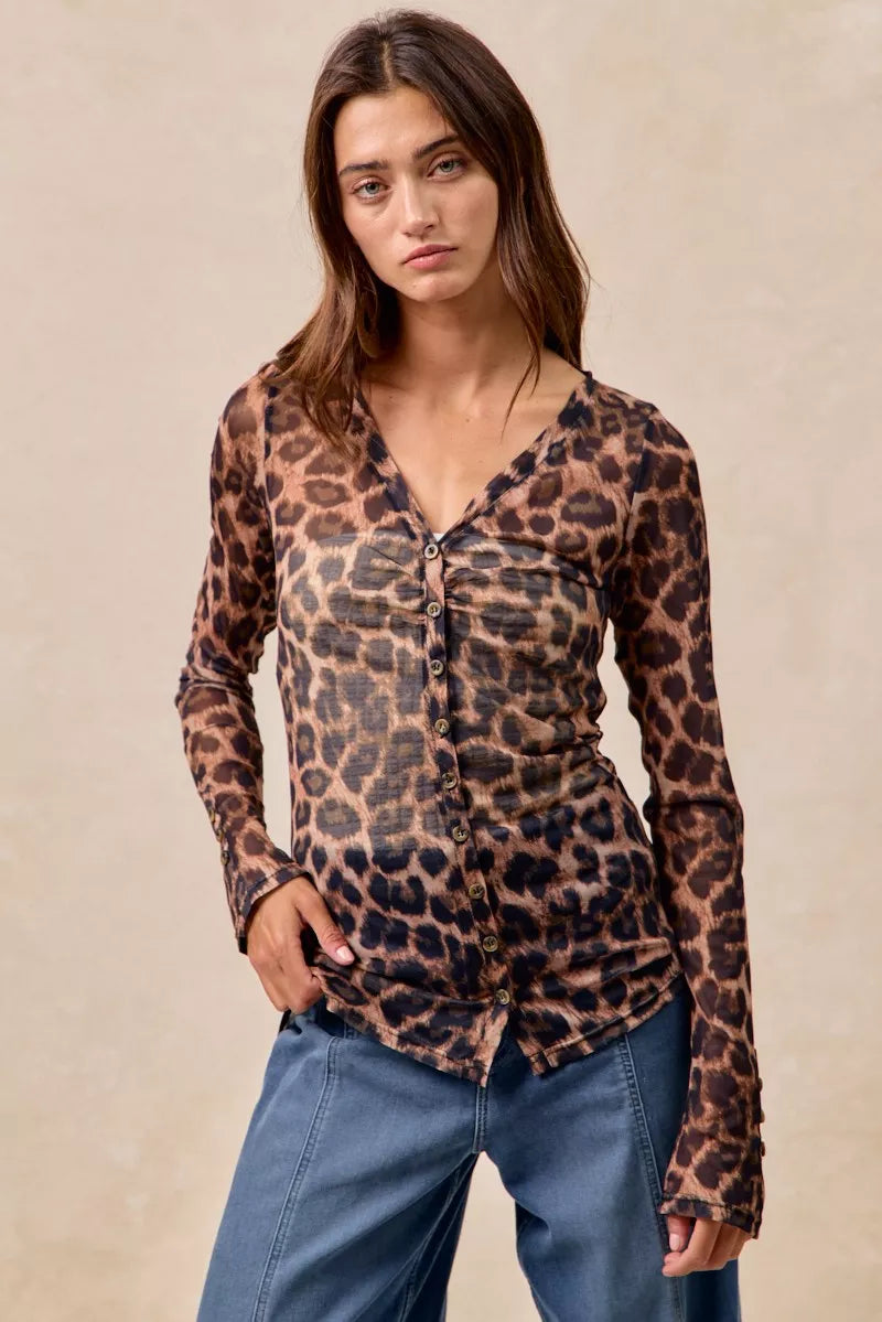 BiBi Women's Shirt Leopard Printed Mesh With Button Up V Neck Long Sleeve 5eebdd1910fe471cb8aee758827a954c-Max-Origin Trendsi