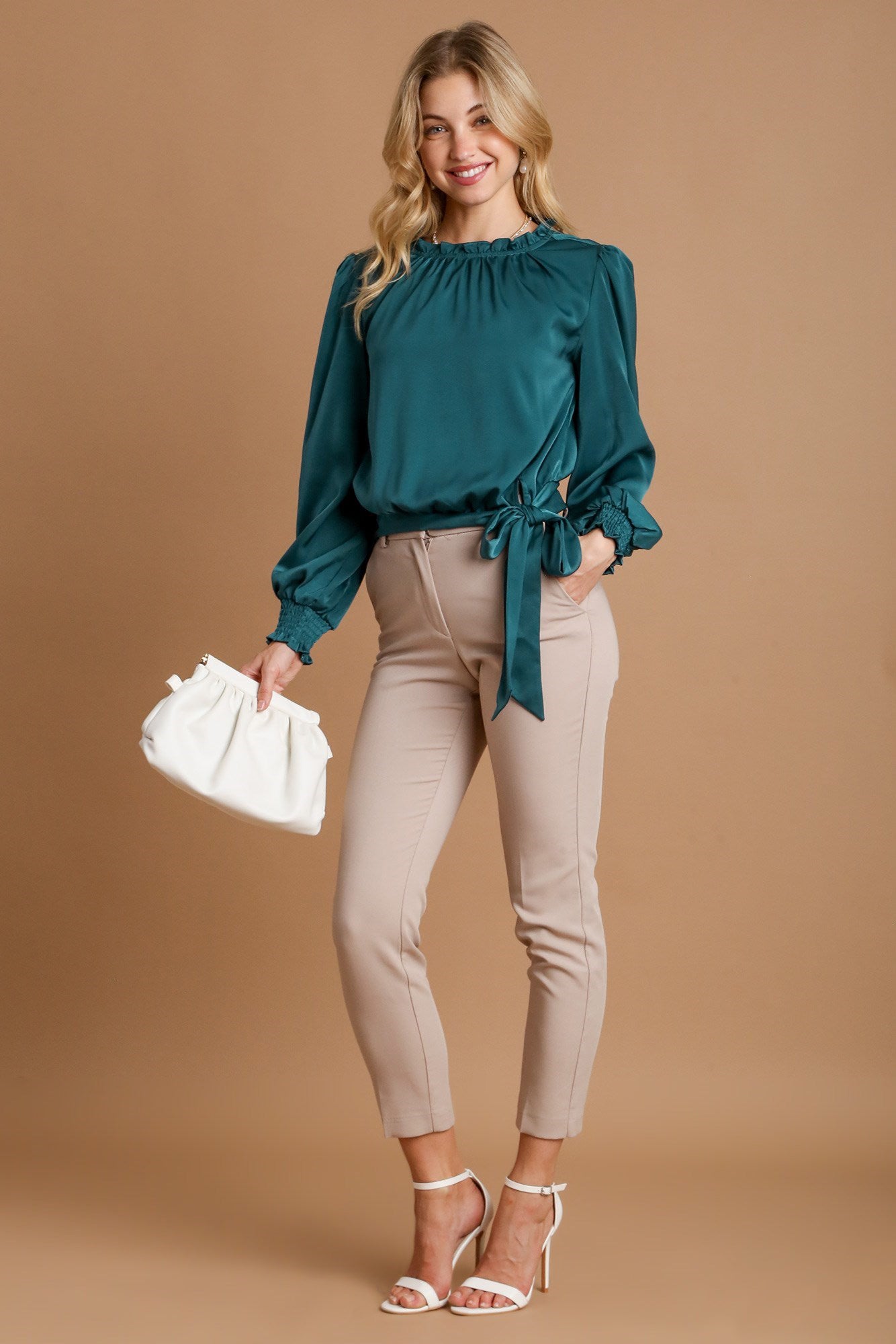 Umgee USA Satin Blouse Frill Tied Hem Long Sleeve Ruffle Mock Neck