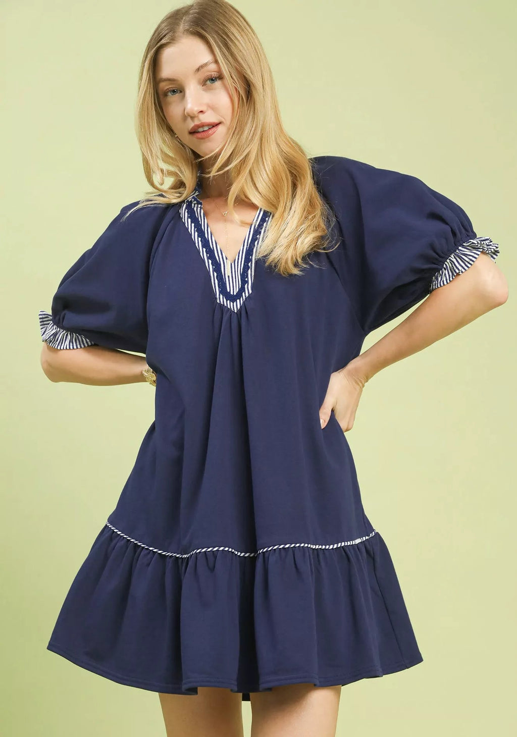 Umgee Mini Dress Navy French Terry with Ruffled Striped Trim Short Sleeve NAVY 5ef07cce-3cf8-4483-be21-43c27eb9a18b-Max-Origin Trendsi