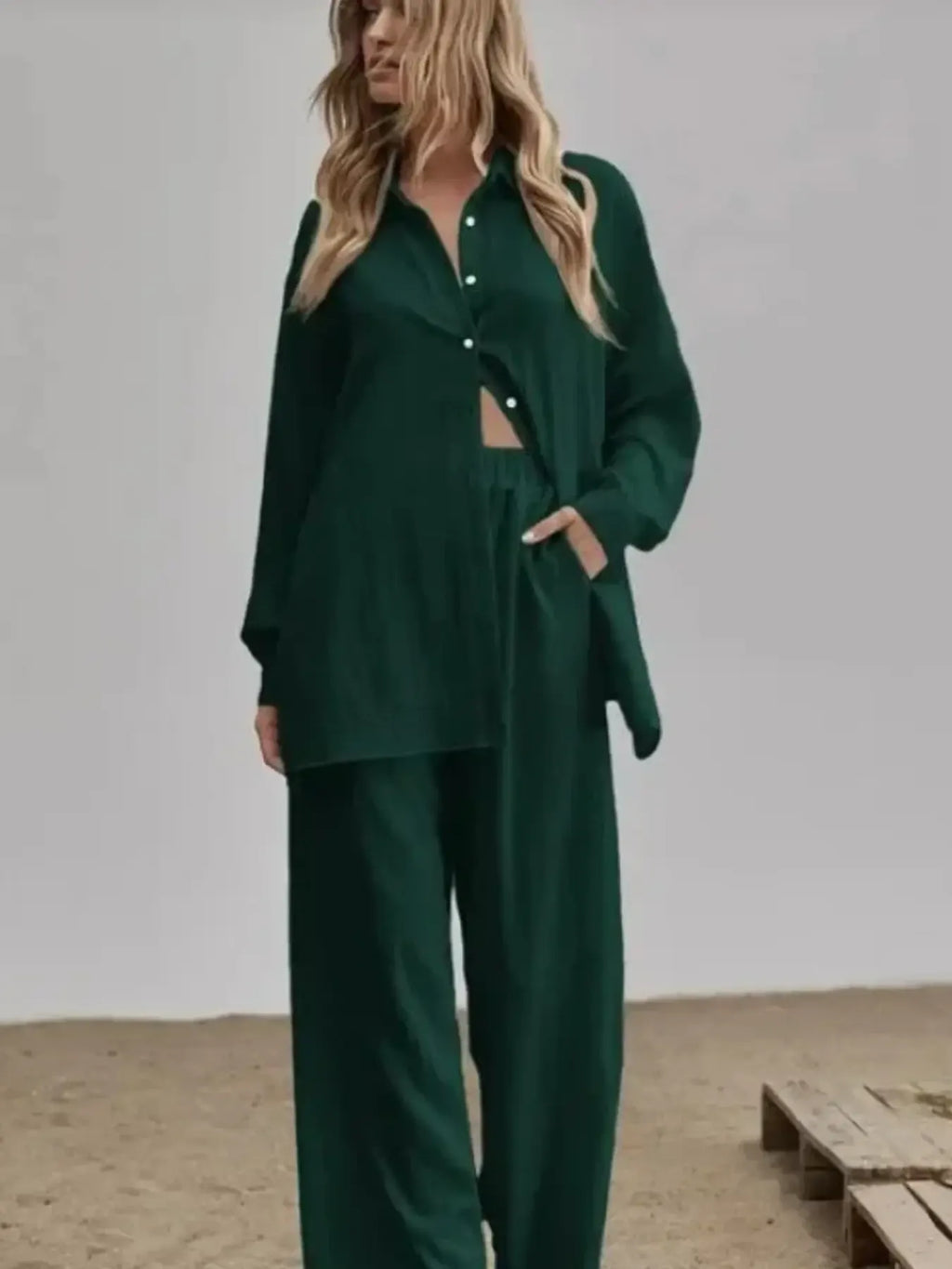 Women's Outfit Set Long Sleeve Shirt and Pants Set Pocketed Lightweight Two-piec Dark Green 5ef2a85488b54dfdbfbce37fd9069b18-Max-Origin Trendsi