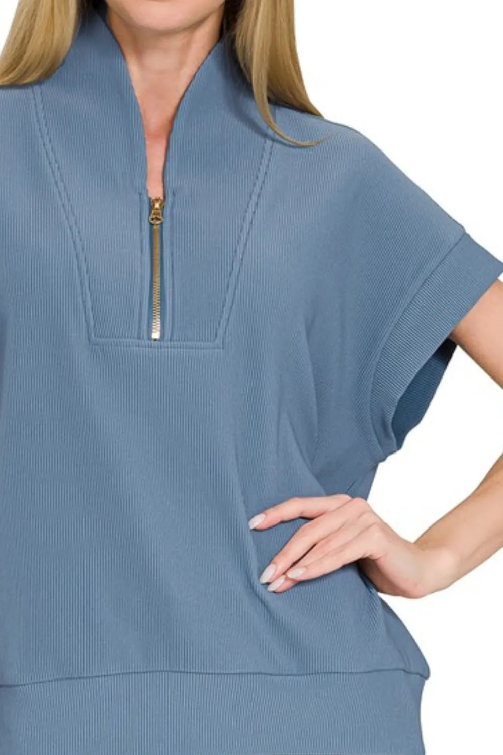 Zenana Top Ribbed High Neck Half Zip Dusty Blue Short Sleeve 5ef9c19f-c726-430a-8b31-c53c1062b028-Max-Origin Trendsi