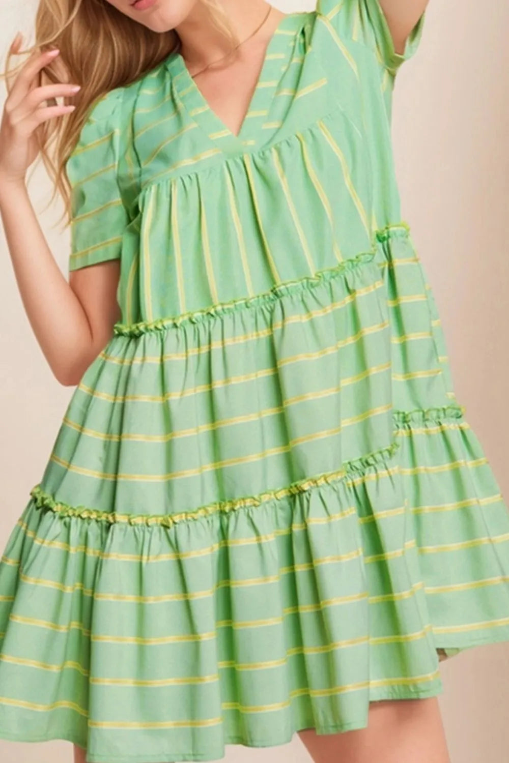 Ruffle Dress Stripe V Neck Green Short Sleeve Frilled Detail 5eff14b8-1532-4228-9438-8ce37e87a68e-Max-Origin Trendsi