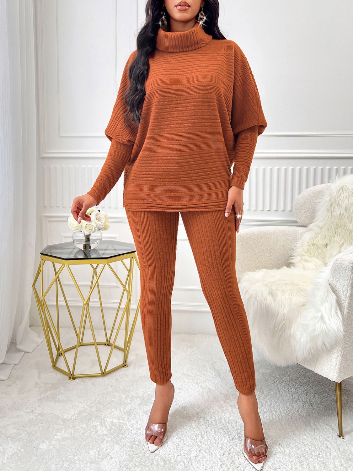 Women Knit Outfit Set 2 Pcs Terracotta Turtleneck Batwing Sleeve Top and Pants 5eff611b-a0b6-4bf4-bb38-aa6c1273c51c-Max Trendsi