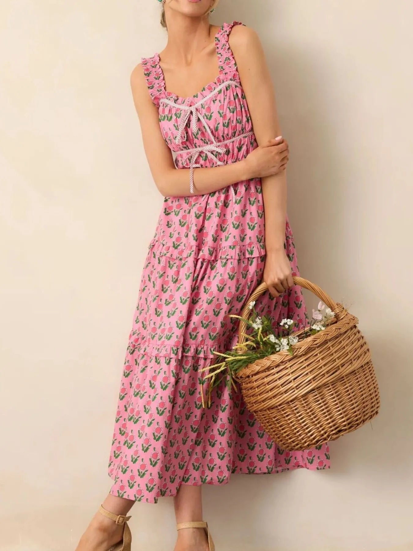 Floral Midi Dress Pink Print Ruffled Straps with Pockets 5f038d5e-2c60-4372-9837-344ee173814a-Max-Origin Trendsi
