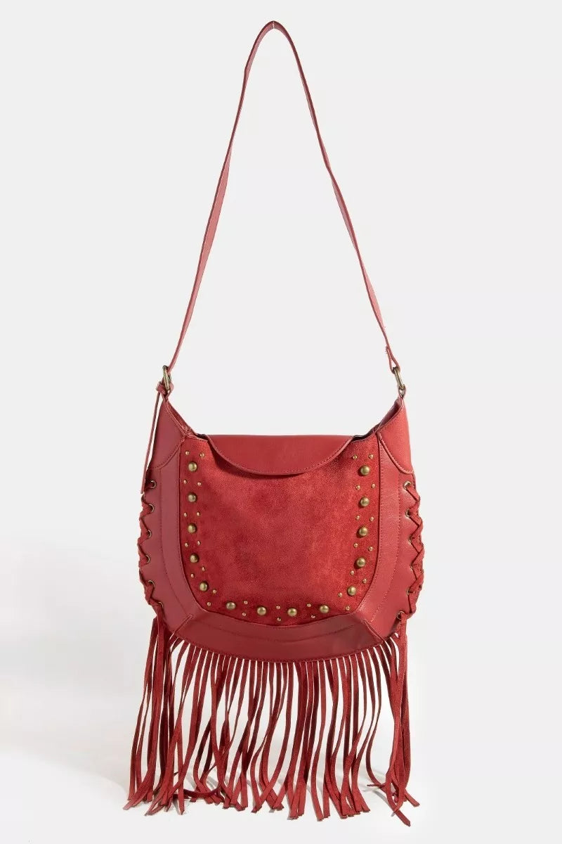 Fame Accessories Womens Shoulder Bag Rivet Trim Suede Fringe Crossbody RD one size 5f077053-a48c-4869-90f0-b31b33d4a3bb-Max-Origin Trendsi