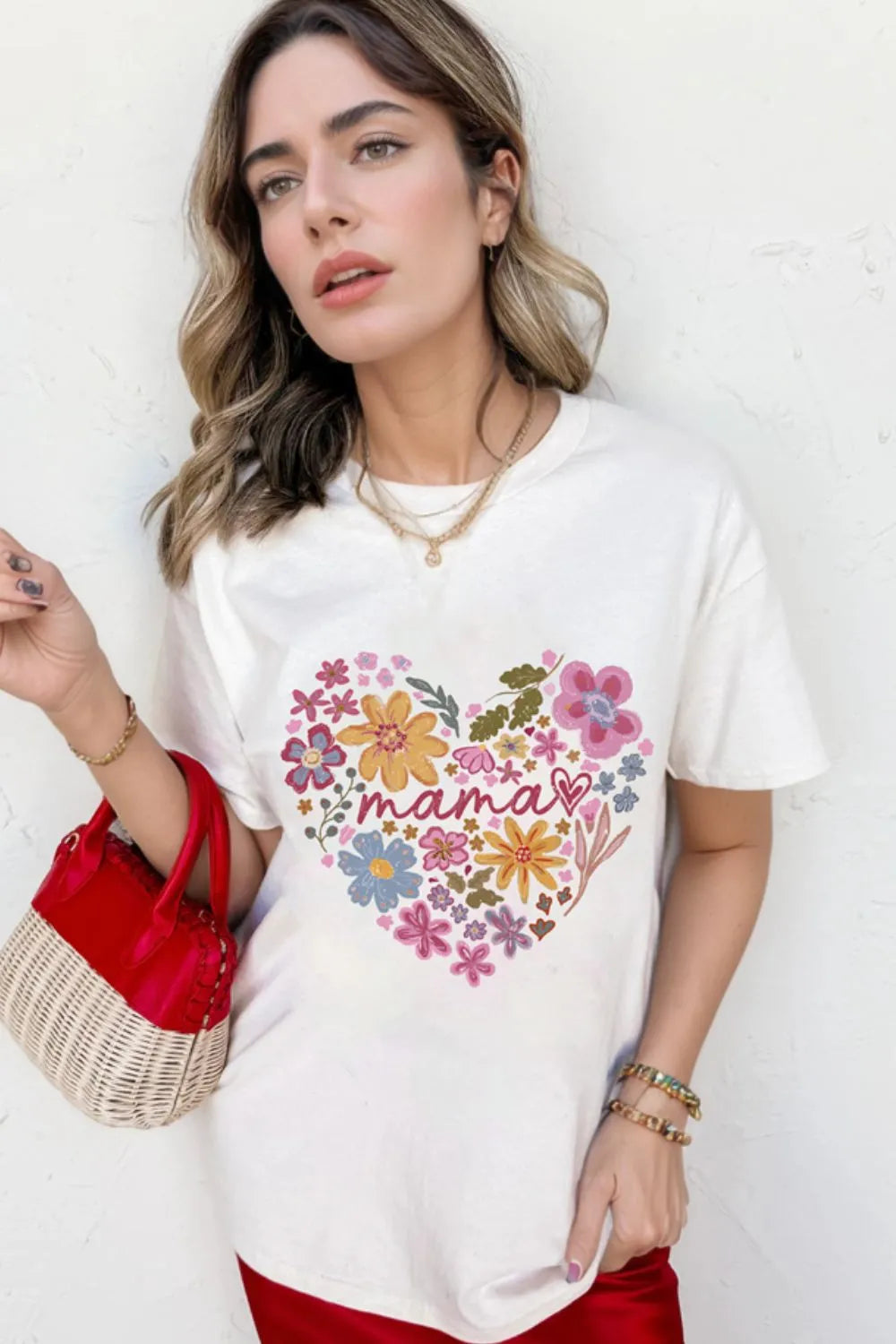T-shirt MAMA Flower Heart Cotton Blend Graphic Top White Tee 5f0bd6a6-ba6e-4788-8409-5dabb6b3d73f-Max-Origin Trendsi