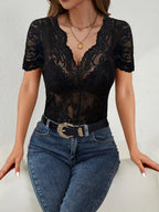 Black Lace Top Women's V-Neck Short Sleeve Sheer Slimming Blouse 5f0cd5696ae44a79b2f3a1d02283febd-Max-Origin Trendsi