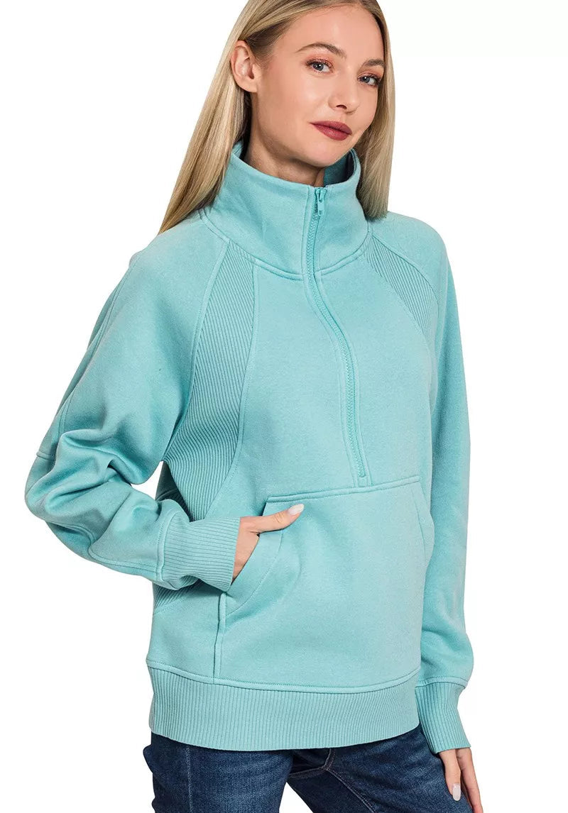 Zenana Half Zip Fleece Sweatshirt with Kangaroo Pocket