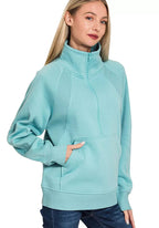 Zenana Fleece Sweatshirt Dusty Teal Half Zip with kangaroo Pocket DUSTY TEAL 5f0e488d902c4ec48d7295e44cdc104d-Max-Origin Trendsi