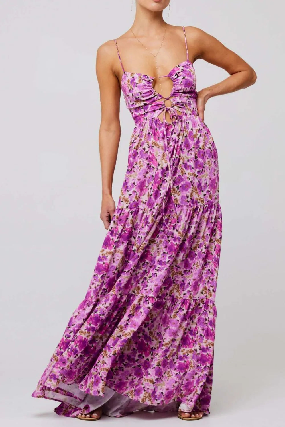 Maxi Dress Floral Print Tie Front Cutout Tiered Ruffle Party Dresses Vivid Violet 5f177988-ea31-4a57-b028-7c770cbbfd87-Max-Origin Trendsi