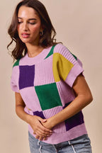 SO ME Casual Sweater Top Women Mardi Gras Check Plaid Short Sleeve Top 5f28bef08b5a463f832b4037e00afe65-Max-Origin Trendsi