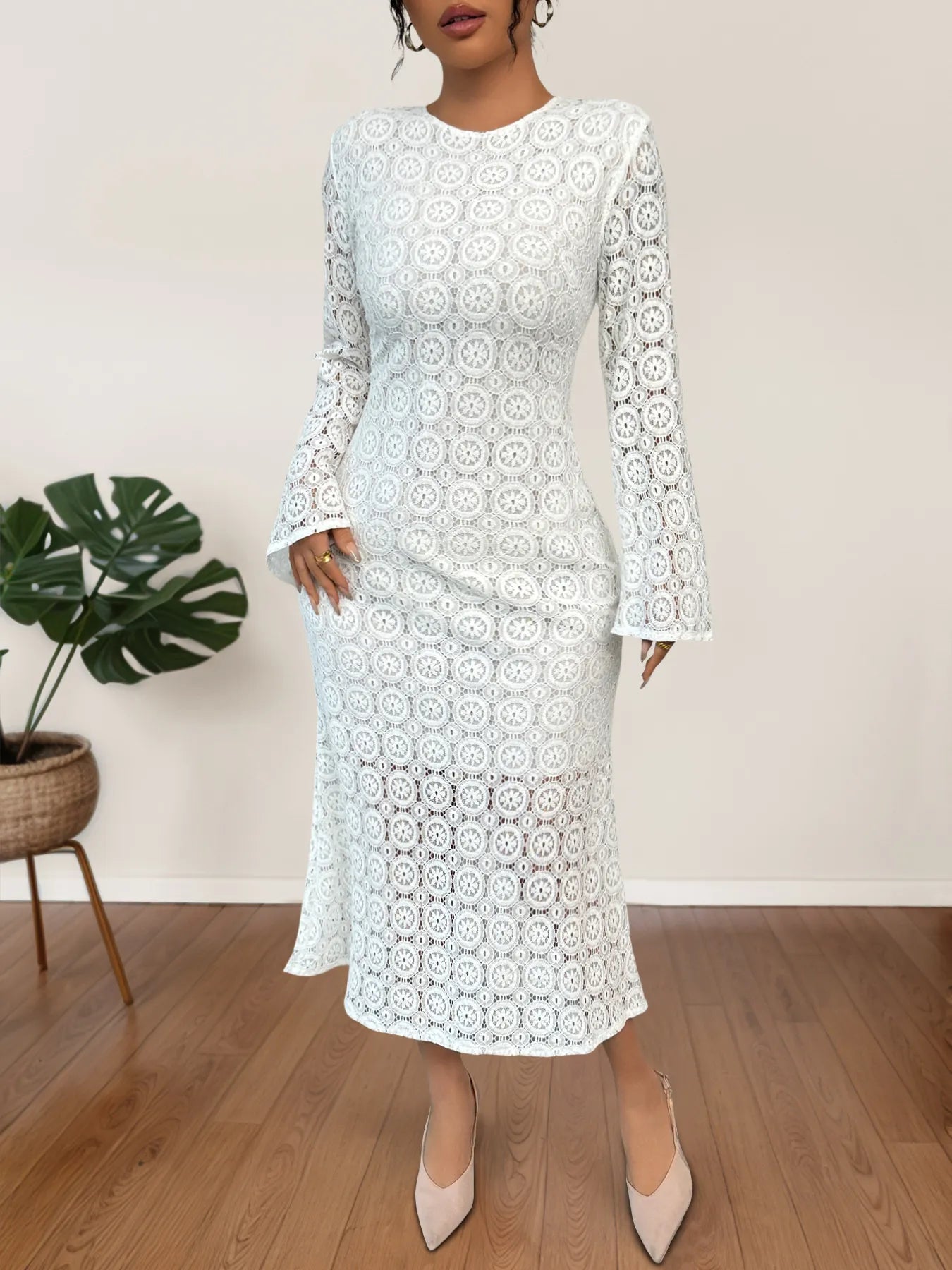Midi Dress White Crochet Lave Floral Long Sleeve Zipper Lined 5f29a6a5270a446e9dee6cbe437dd5b8-Max-Origin Trendsi