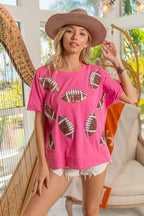 BiBi Women's Cotton T-shirt Game Day Sequins Patched Half Sleeves Top HOT PINK 5f2b807ea4384656aebe1a7c75b8db53-Max-Origin Trendsi